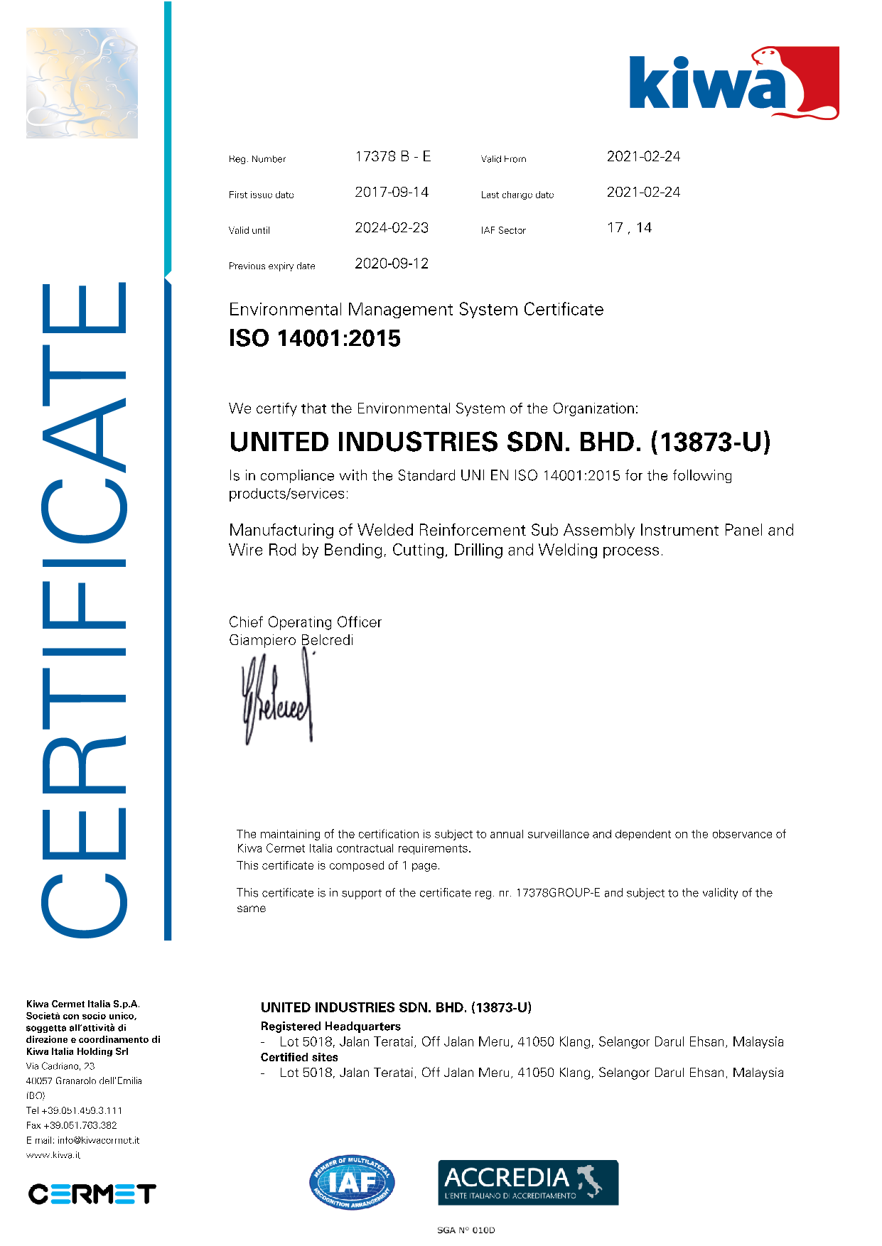 ISO 14001:2015 UI Certificate