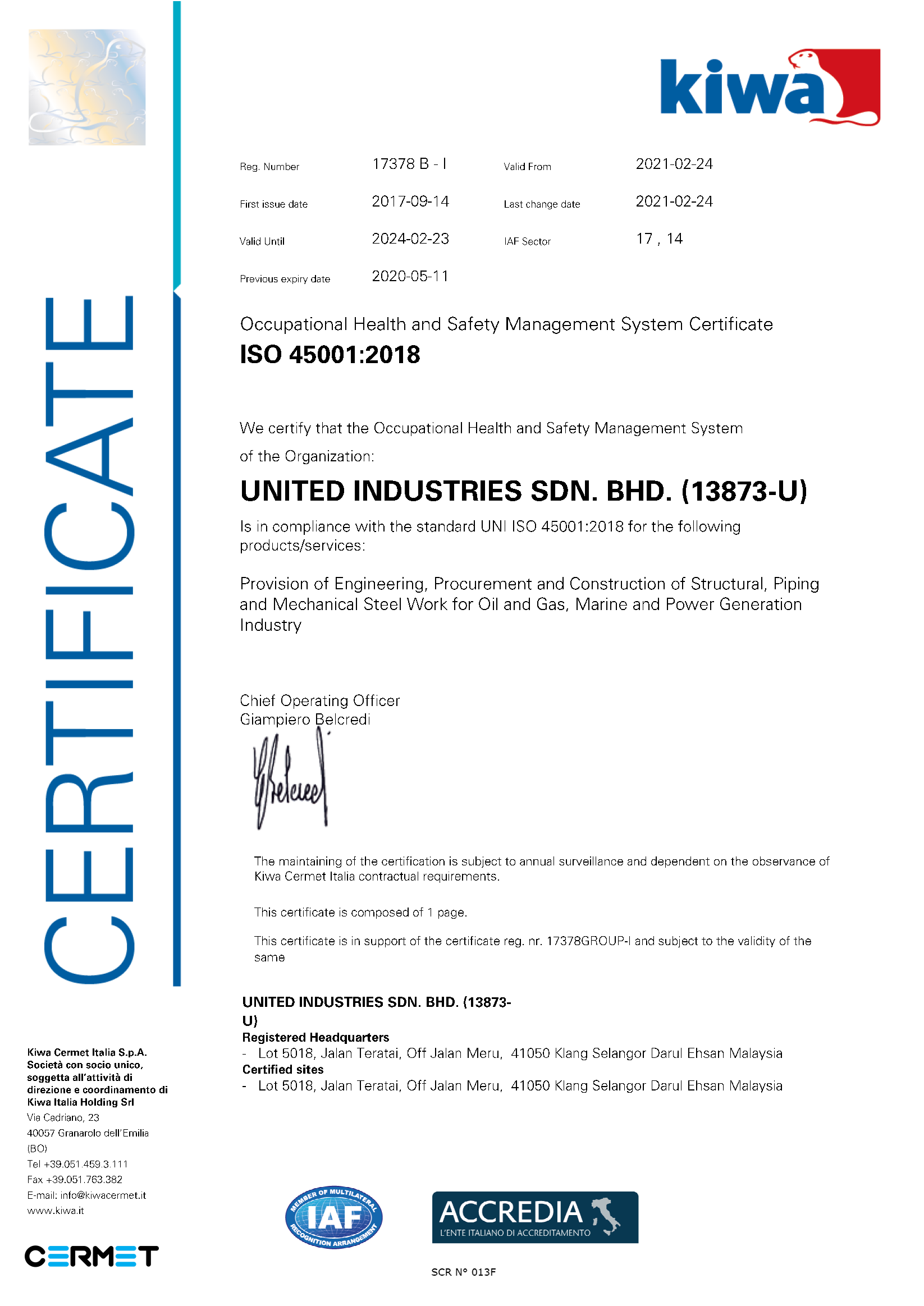 ISO 45001:2018 UI Certificate