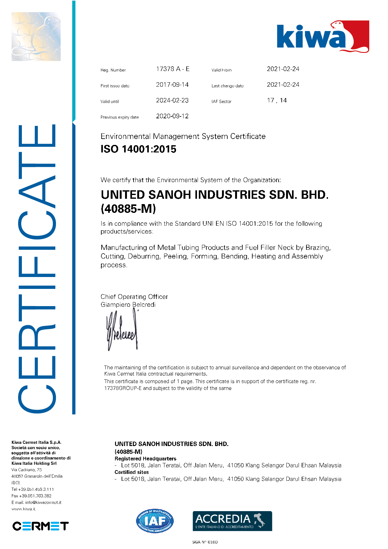 ISO 14001:2015 USI Certificate