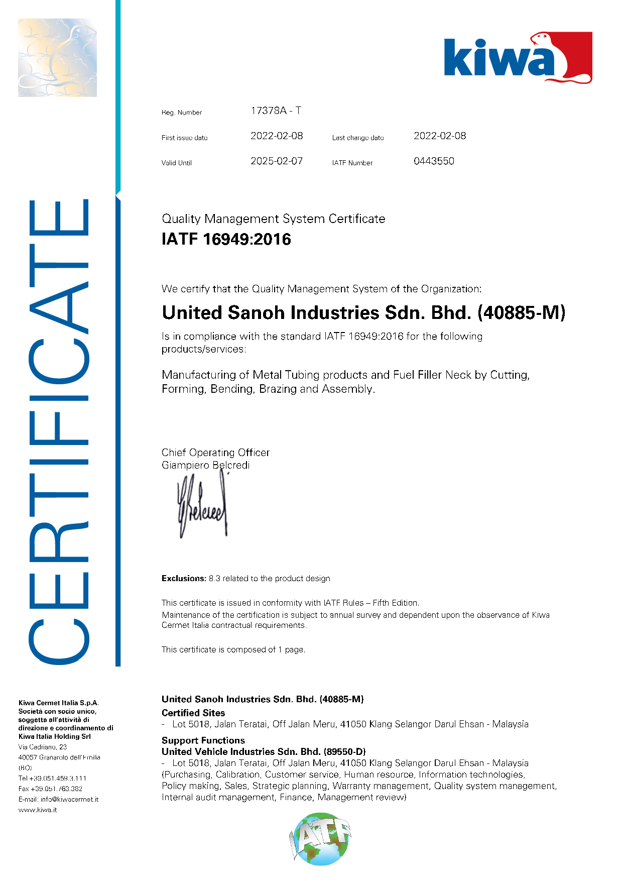 IATF 16949:2016 USI Certificate