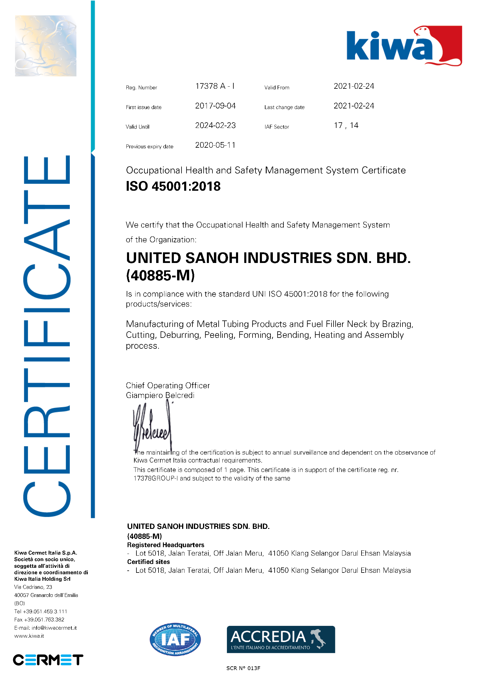 ISO 45001:2018 USI Certificate