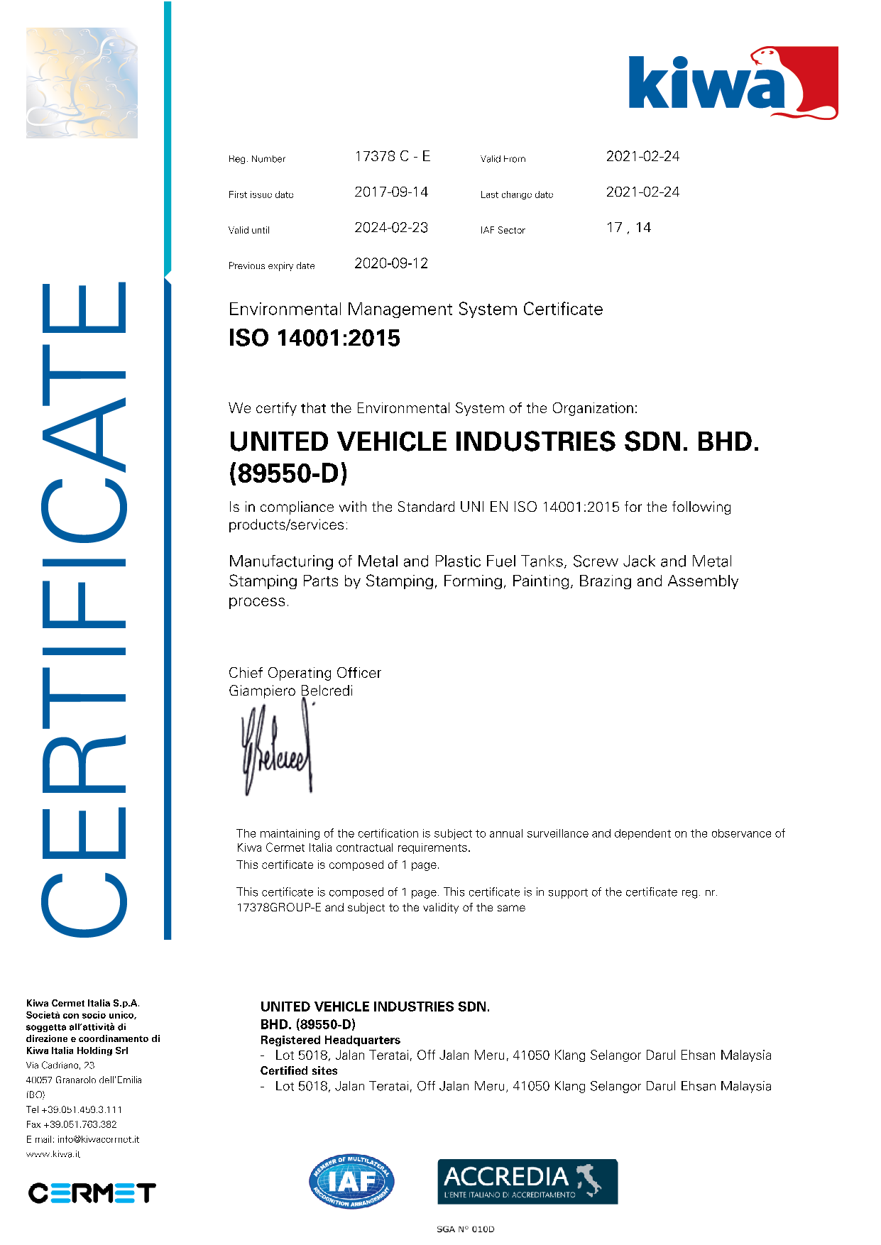 ISO 14001:2015 UVI Certificate