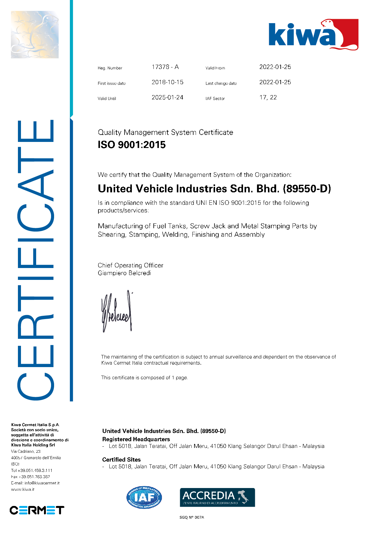ISO 9001:2015 UVI Certificate