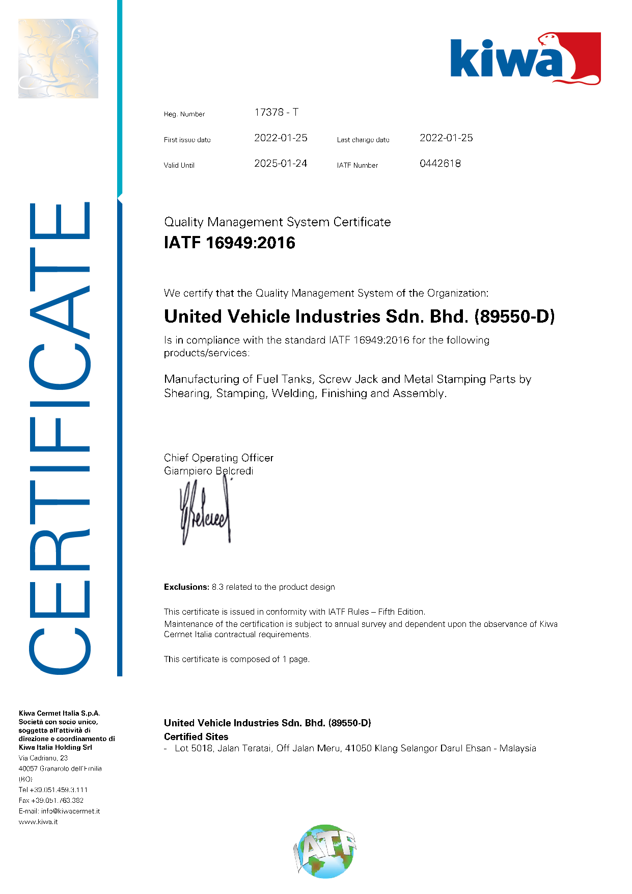 IATF 16949:2016 UVI Certificate