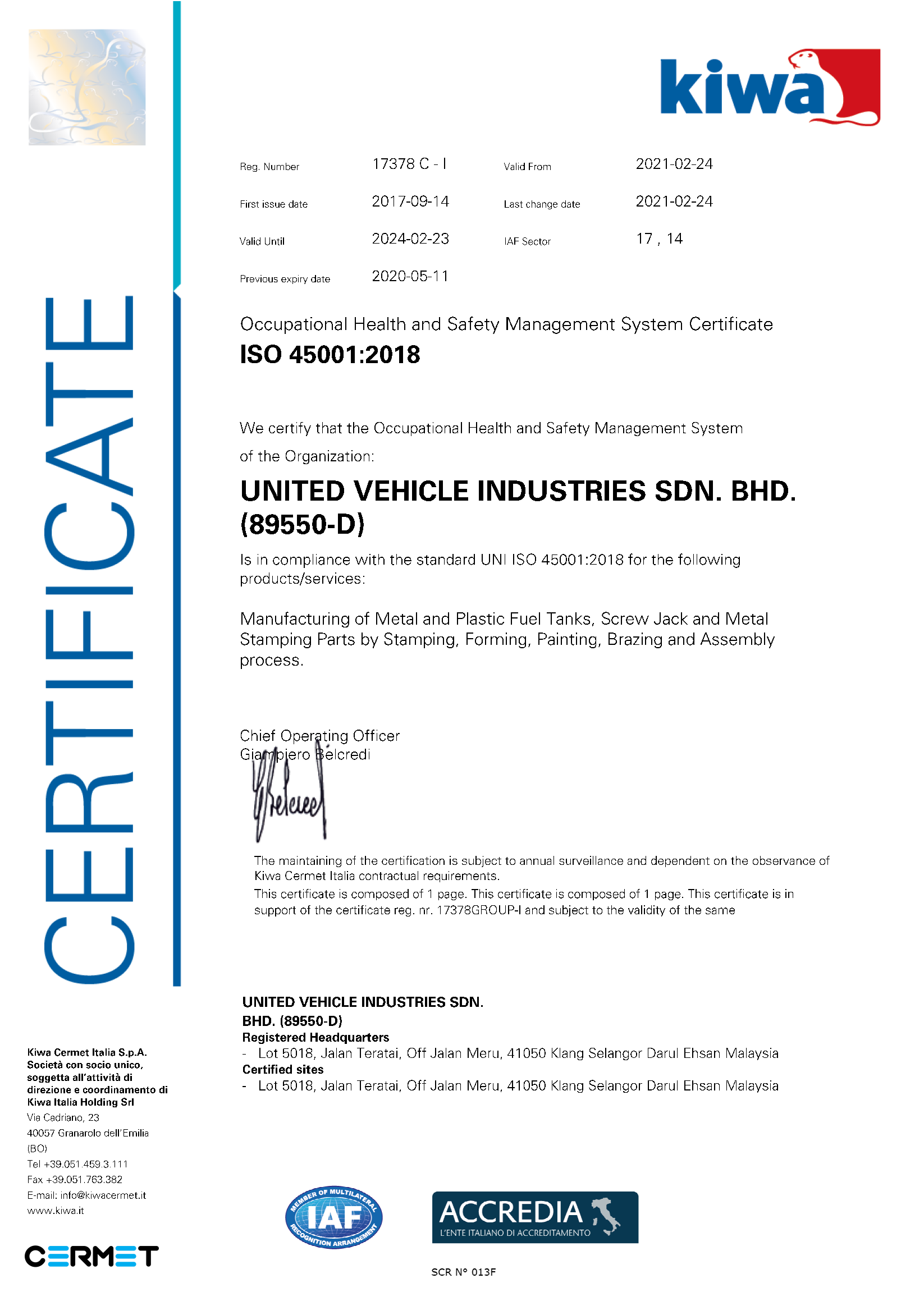ISO 45001:2018 UVI Certificate